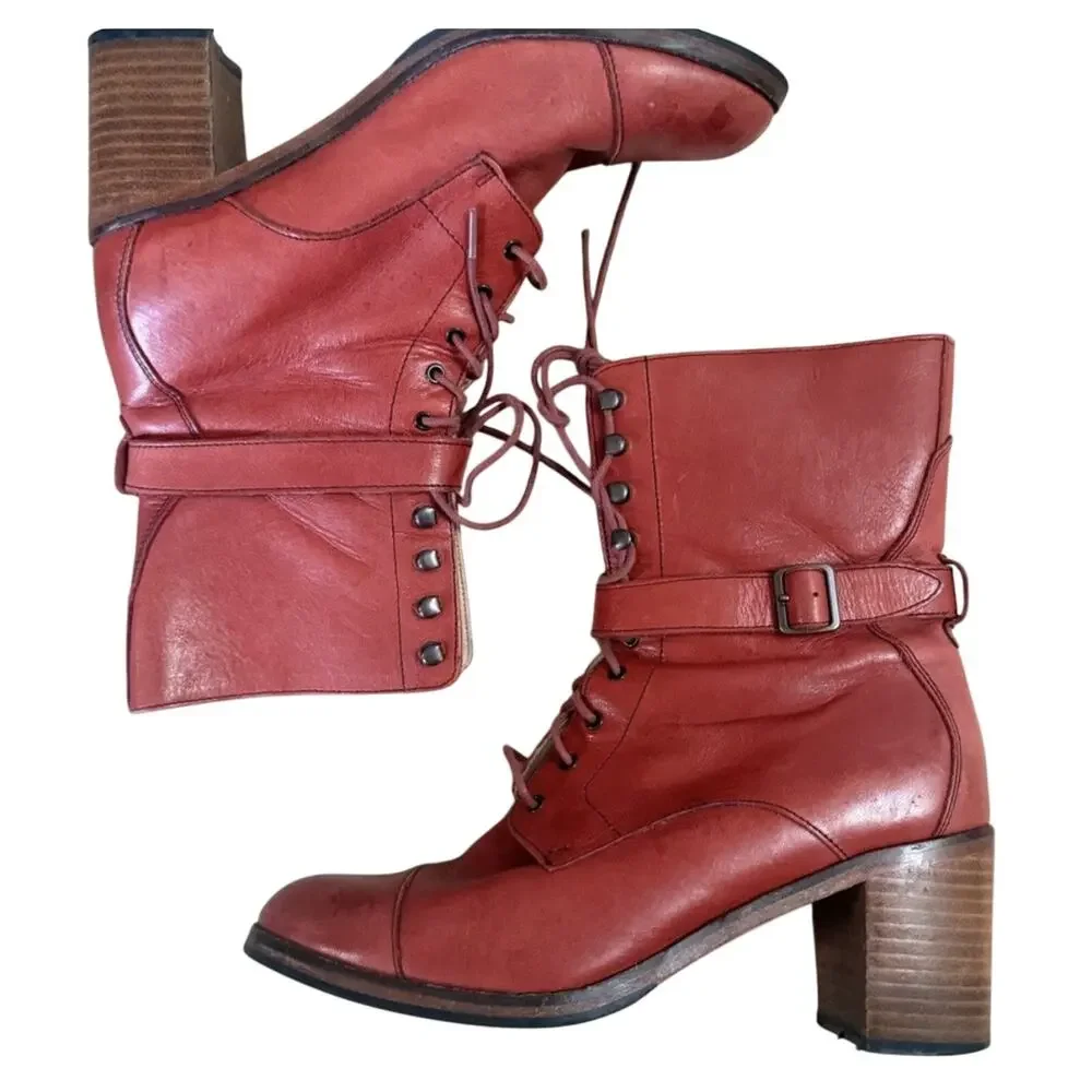 Samantha Pleet Wolverine 1000 Mile Red Leather Combat Boots Lace Buckle Size 7.5
